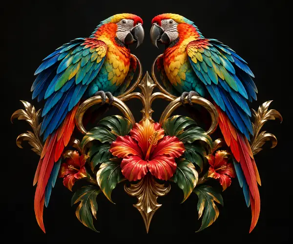 Two colorful tropical birds forming a symmetrical decorative emblem against a dark background