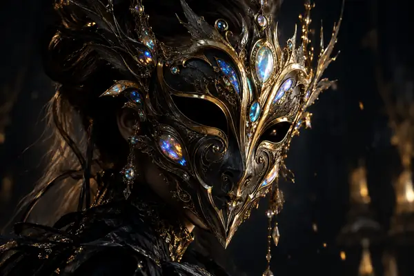 An ornate dark fantasy mask with luminous jewel-like details against a dark background