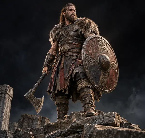 A rugged warrior with a round shield and axe standing on broken stone against a dark background