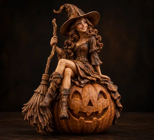 A detailed wooden witch figure sitting on a pumpkin pedestal against a dark background